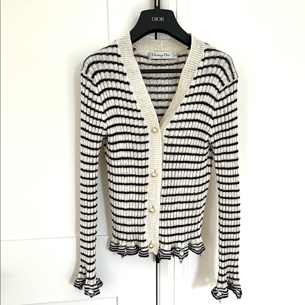 NEW Dior Cruise Striped Cardigan Sweater with CD logo Pearl buttons Size 36